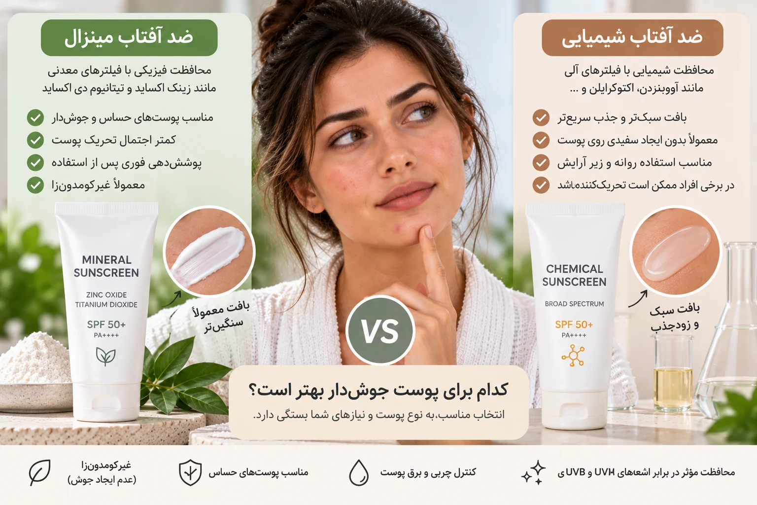 ضد آفتاب مینرال بهتر است یا شیمیایی برای پوست جوش‌دار؟