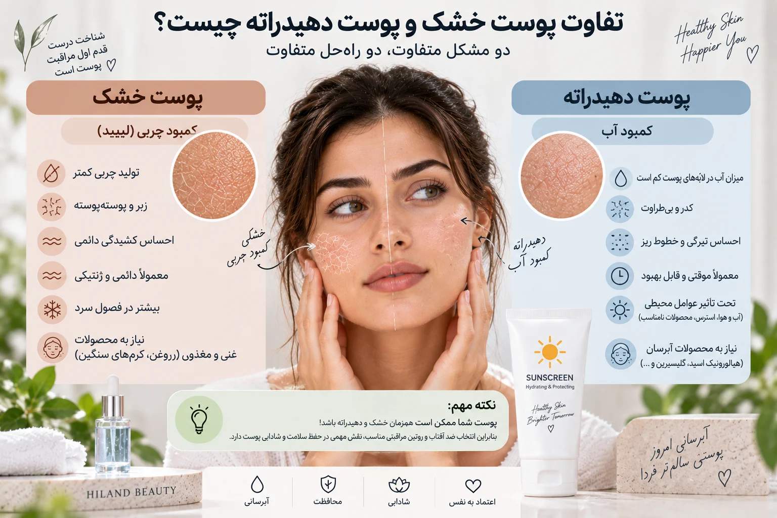 ضد آفتاب برای پوست دهیدراته؛ راهنمای انتخاب محصول مناسب پوست کمآب - وبلاگ هایلند تفاوت پوست خشک و پوست دهیدراته چیست؟